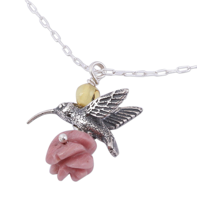 Rhodochrosite and amber flower necklace, 'Hummingbird Treasure' - Rhodochrosite and Amber Sterling Silver Bird Necklace