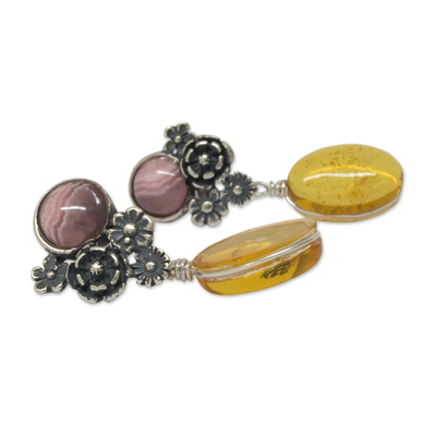 Amber and rhodochrosite flower earrings, 'Flowers of Harmony' - Amber and Rhodochrosite on Antiqued Sterling Silver Earrings