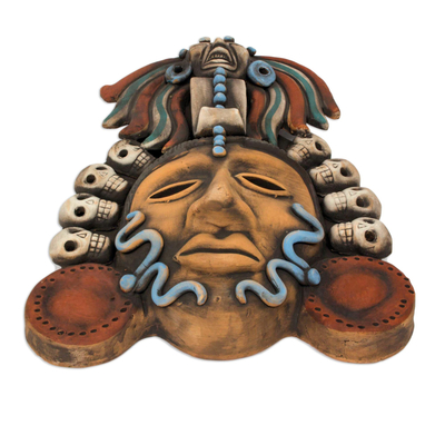 Ceramic mask, 'Honoring Death' - Ceramic Mexican Aztec Mask with Skulls
