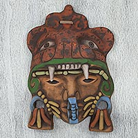 Ceramic mask, 'Aztec Jaguar Warrior' - Artisan Crafted Mexican Ceramic Aztec Jaguar Warrior Mask