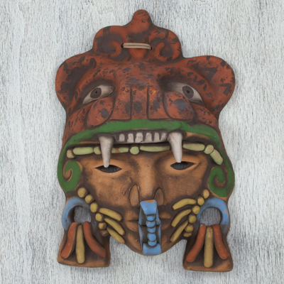 Keramikmaske - Kunsthandwerklich gefertigte aztekische Jaguar-Kriegermaske aus mexikanischer Keramik