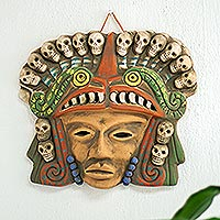 Ceramic mask, 'Quetzalcoatl Death Dance' - Mexican Ceramic Pre-Hispanic Mask with Skulls