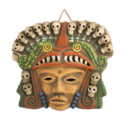 Ceramic mask, 'Quetzalcoatl Death Dance' - Mexican Ceramic Pre-Hispanic Mask with Skulls