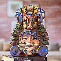 Ceramic mask, 'Olmec Jade and Jaguar' - Signed Handcrafted Mexican Ceramic Jaguar-Man Mask