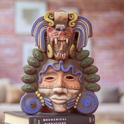 Keramikmaske, „Olmekische Jade und Jaguar“ – signierte handgefertigte mexikanische Jaguar-Mann-Maske aus Keramik