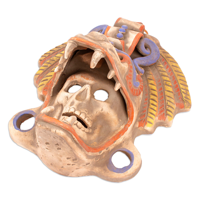 Ceramic mask, 'Quetzalcoatl Warrior' - Handcrafted Mexican Ceramic Skull and Serpent Mask