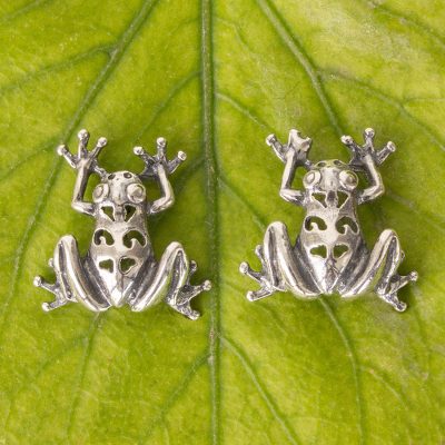 Sterling silver button earrings, 'Maya Tree Frog' - Mexican Silver Fair Trade Frog Theme Button Earrings