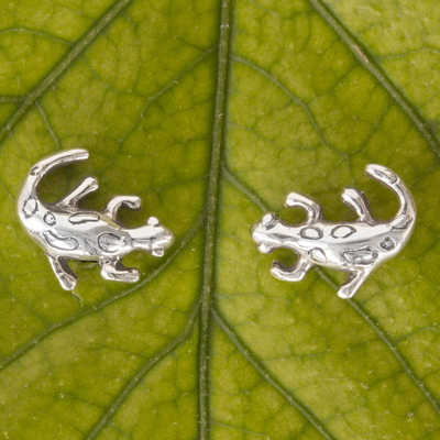 Sterling silver button earrings, 'Little Salamanders' - Mexican Lizard Sterling Silver Handcrafted Button Earrings