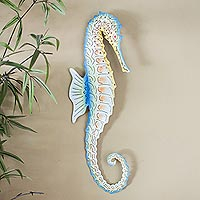 Steel wall art, 'Ocean Seahorse' - Hand Painted Steel Sea Horse Wall Sculpture from Mexico