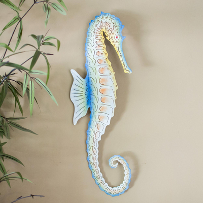 Steel wall art, 'Ocean Seahorse' - Hand Painted Steel Sea Horse Wall Sculpture from Mexico