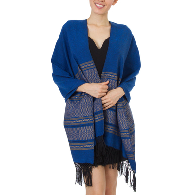 Zapotec cotton rebozo shawl, 'Golden Sea Foam' - Blue Cotton Zapotec Shawl from Mexico with Golden Motifs