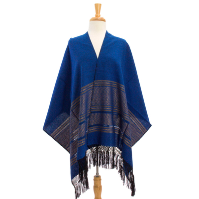 Zapotec cotton rebozo shawl, 'Golden Sea' - Blue Cotton Zapotec Shawl from Mexico with Golden Motifs