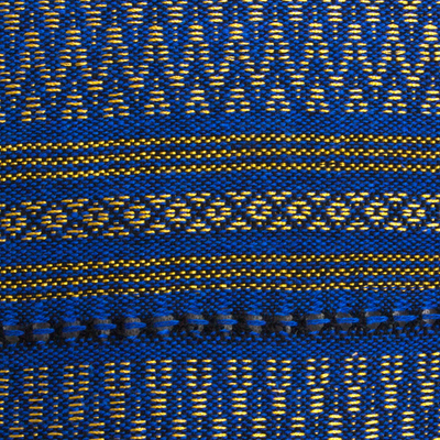 Mantón zapoteco de rebozo de algodón, 'Mar Dorado' - Mantón Zapoteca de Algodón Azul de México con Motivos Dorados