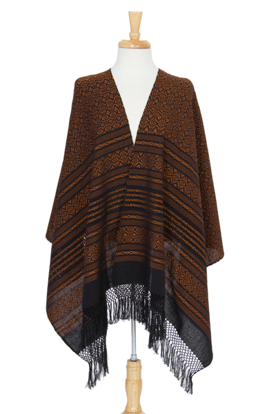 Rebozo-Schal aus Zapotec-Baumwolle - Handgewebter Zapotec-Baumwollschal in Schwarz und Orange
