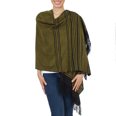 Zapotec cotton rebozo shawl, 'Sun and Shadow' - Handwoven Zapotec Black and Yellow Cotton Shawl