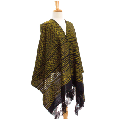Zapotec cotton rebozo shawl, 'Sun and Shadow' - Handwoven Zapotec Black and Yellow Cotton Shawl