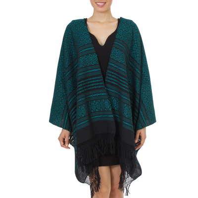Zapotec cotton rebozo shawl, 'Agave Shadows' - Mexican Handwoven Zapotec Shawl Cotton in Black and Aqua