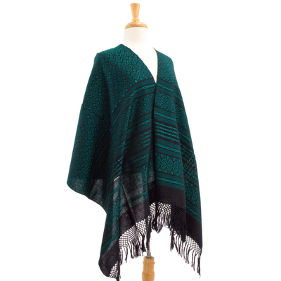 Zapotec cotton rebozo shawl, 'Agave Shadows' - Mexican Handwoven Zapotec Shawl Cotton in Black and Aqua