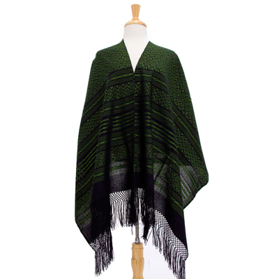 Mantón de rebozo de algodón zapoteca, 'Hojas de aguacate' - Mantón zapoteca tejido a mano de algodón verde y negro