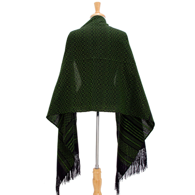 Rebozo-Schal aus zapotekischer Baumwolle, 'Avocado-Blätter'. - Handgewebter Zapotec-Schal aus grüner und schwarzer Baumwolle