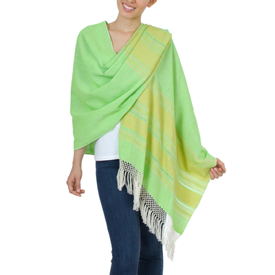 Rebozo-Schal aus Zapotec-Baumwolle - Handgewebter hellgrüner und gelber Zapotec-Schal aus Baumwolle