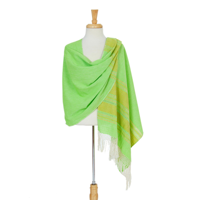 Rebozo-Schal aus Zapotec-Baumwolle - Handgewebter hellgrüner und gelber Zapotec-Schal aus Baumwolle