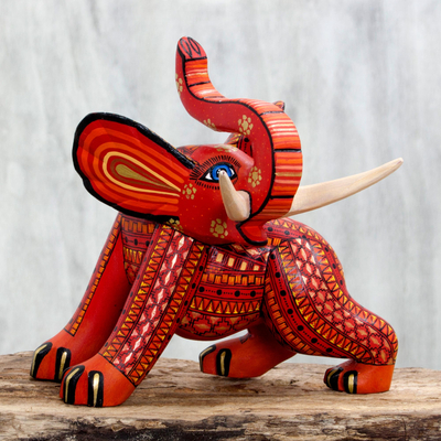 Wood alebrije sculpture, 'My Elephant Friend' - Artisan Crafted Wood Orange Elephant Figurine from Mexico