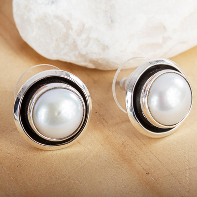 Cultured pearl button earrings, 'Lunar Shadow' - Taxco Jewelry Pearl and Sterling Silver Button Earrings