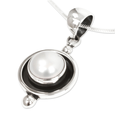 Cultured pearl pendant necklace, 'Lunar Shadow' - Taxco Jewellery Necklace Pearl and Sterling Silver