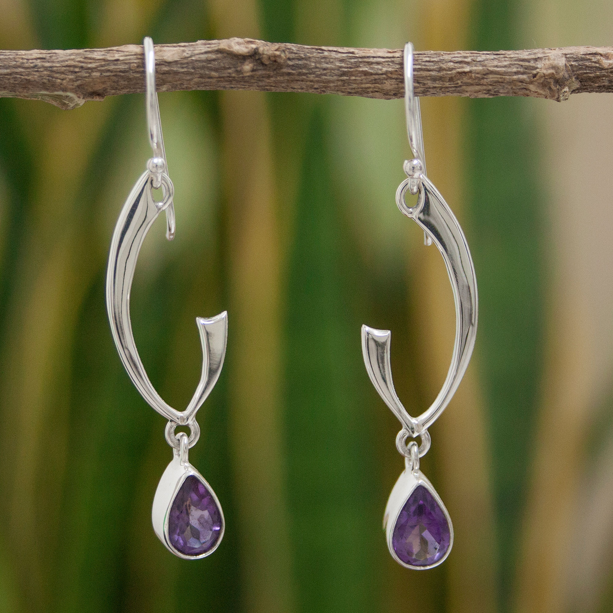 Artisan Crafted Sterling Silver Earrings with Amethyst, 'Lilac Spark'