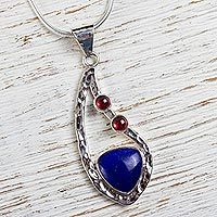 Lapis lazuli and garnet pendant necklace, 'Serendipity' - Sterling Silver Necklace with Lapis Lazuli and Garnet