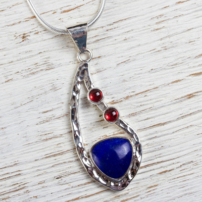 Lapis lazuli and garnet pendant necklace, 'Serendipity' - Sterling Silver Necklace with Lapis Lazuli and Garnet