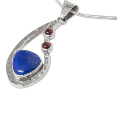 Collar con colgante de granate y lapislázuli - Collar de Plata de Ley con Lapislázuli y Granate