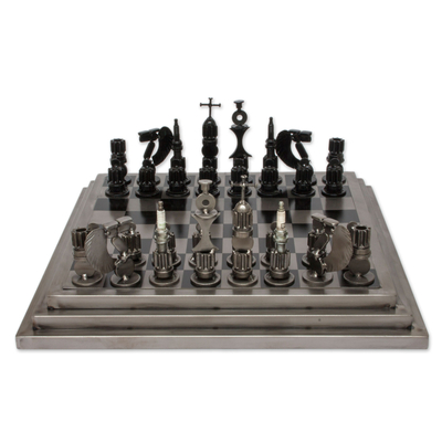 Upcycled auto part chess set, 'Rustic Warriors' - Upcycled Car Parts Chess Set Artisan Crafted in Mexico