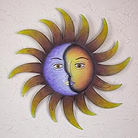 Arte de pared de acero, 'Matrimonio celestial' - Arte de pared artesanal de sol y luna en acero pintado a mano