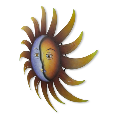 Steel wall art, 'Celestial Marriage' - Artisan Crafted Sun and Moon Wall Art in Hand Painted Steel