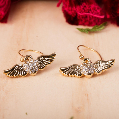 Gold plated dangle earrings, 'Love Takes Flight' - Modern 22k Gold Plated Heart Earrings with Rhinestones