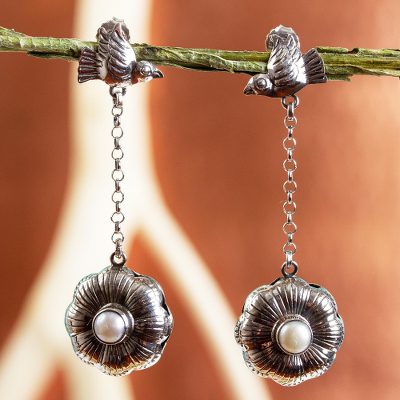 Cultured pearl flower earrings, 'Ode to Friends' - Sterling Silver and Pearl Earrings with Birds and Flowers