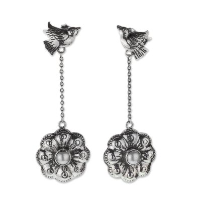Cultured pearl flower earrings, 'Ode to Friends' - Sterling Silver and Pearl Earrings with Birds and Flowers