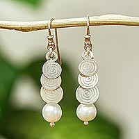 Cultured pearl dangle earrings, 'Spiral Waterfall' - Handcrafted Taxco Silver and White Cultured Pearl Earrings