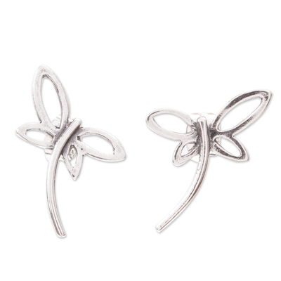 Sterling silver button earrings, 'Modern Dragonfly' - Modern Style Handcrafted Silver Dragonfly Earrings