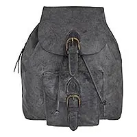 Men's leather backpack, 'Weathered Charcoal' - Roomy Weathered Leather Backpack with Adjustable Strap and B