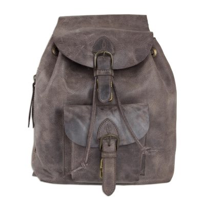 Leather backpack, 'Brown Highroad' - Weathered Brown Leather Backpack from Mexico