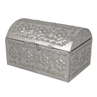 Tin chest, 'Floral Beauty' - Artisan Crafted Traditional Mexican Embossed Tin Chest