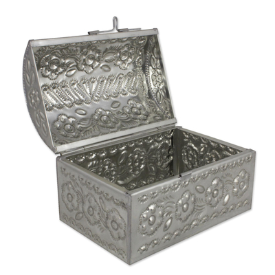 Tin chest, 'Floral Beauty' - Artisan Crafted Traditional Mexican Embossed Tin Chest