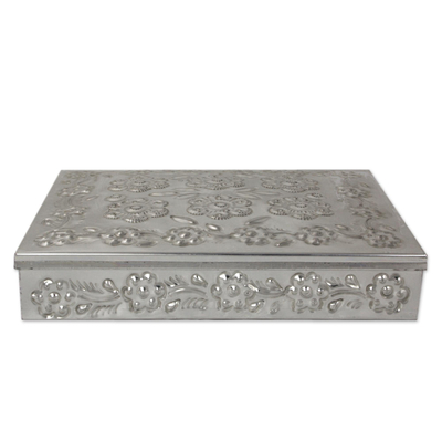 Tin box, 'Floral Grandeur' - Artisan Crafted Repousse on Tin Decorative Box