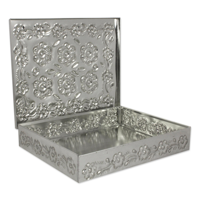 Tin box, 'Floral Grandeur' - Artisan Crafted Repousse on Tin Decorative Box