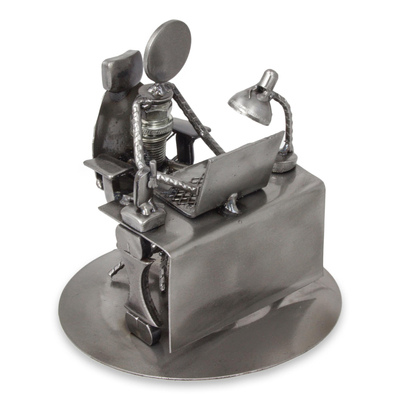 Upcycled auto parts statuette, 'Hard-Working Executive' - Upcycled Metal and Auto Parts Sculpture from Mexico