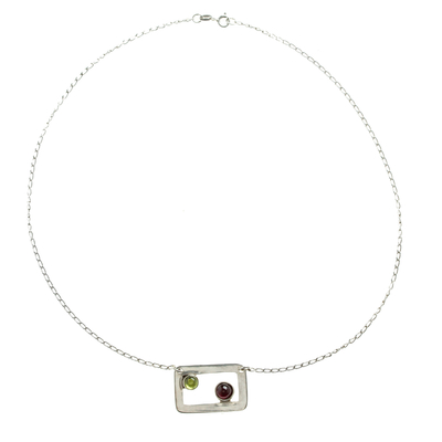 Modern Peridot and Garnet Necklace in Sterling Silver