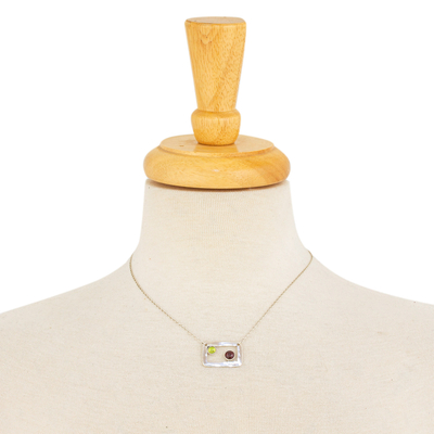 Peridot and garnet pendant necklace, 'Adrift' - Modern Peridot and Garnet Necklace in Sterling Silver